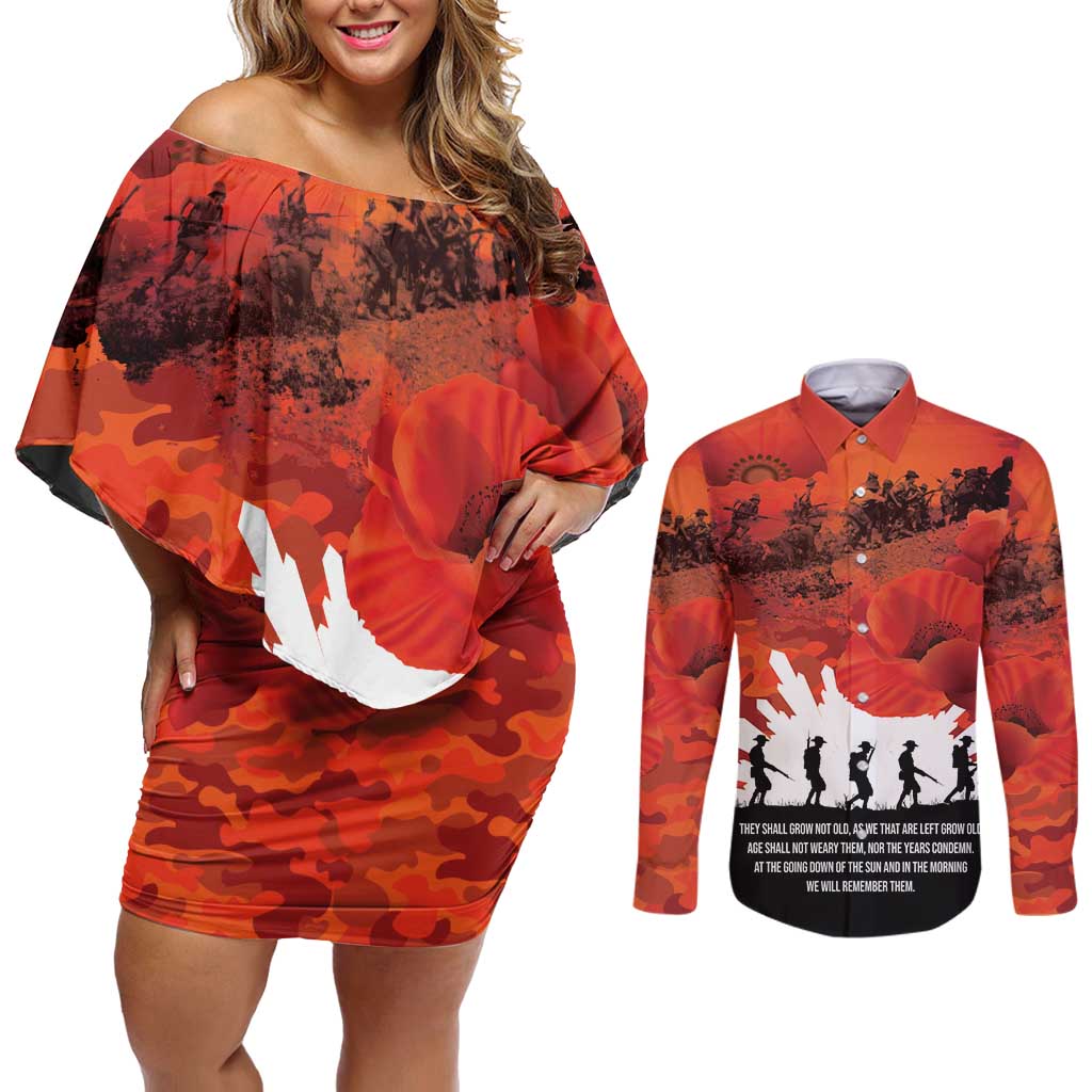 Anzac Day Gallipoli Personalised Couples Matching Off Shoulder Short Dress and Long Sleeve Button Shirt Red Poppy Flowers