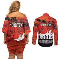 Anzac Day Gallipoli Personalised Couples Matching Off Shoulder Short Dress and Long Sleeve Button Shirt Red Poppy Flowers