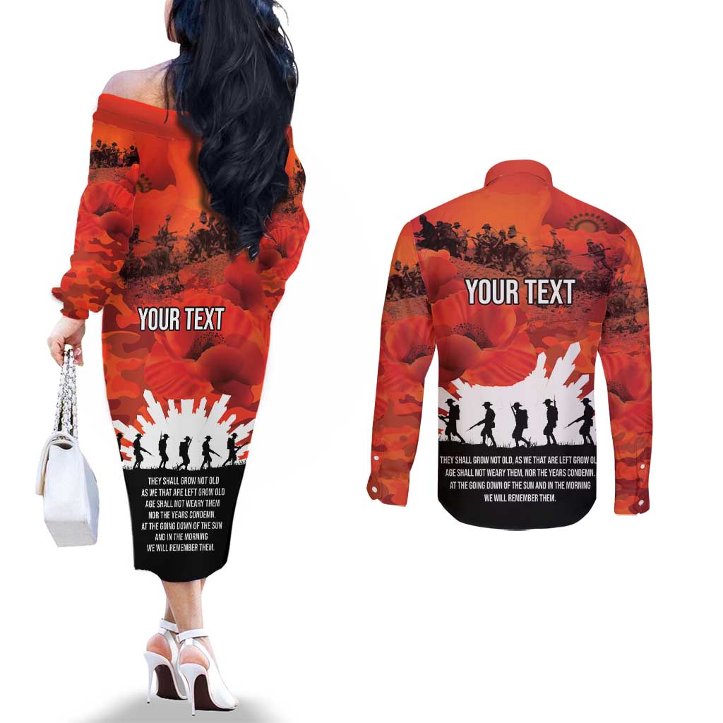 Anzac Day Gallipoli Personalised Couples Matching Off The Shoulder Long Sleeve Dress and Long Sleeve Button Shirt Red Poppy Flowers