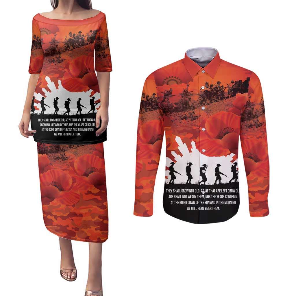 Anzac Day Gallipoli Personalised Couples Matching Puletasi and Long Sleeve Button Shirt Red Poppy Flowers