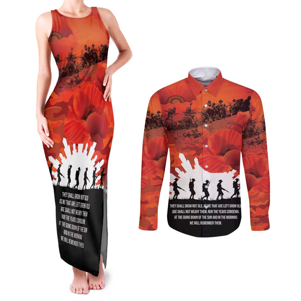 Anzac Day Gallipoli Personalised Couples Matching Tank Maxi Dress and Long Sleeve Button Shirt Red Poppy Flowers
