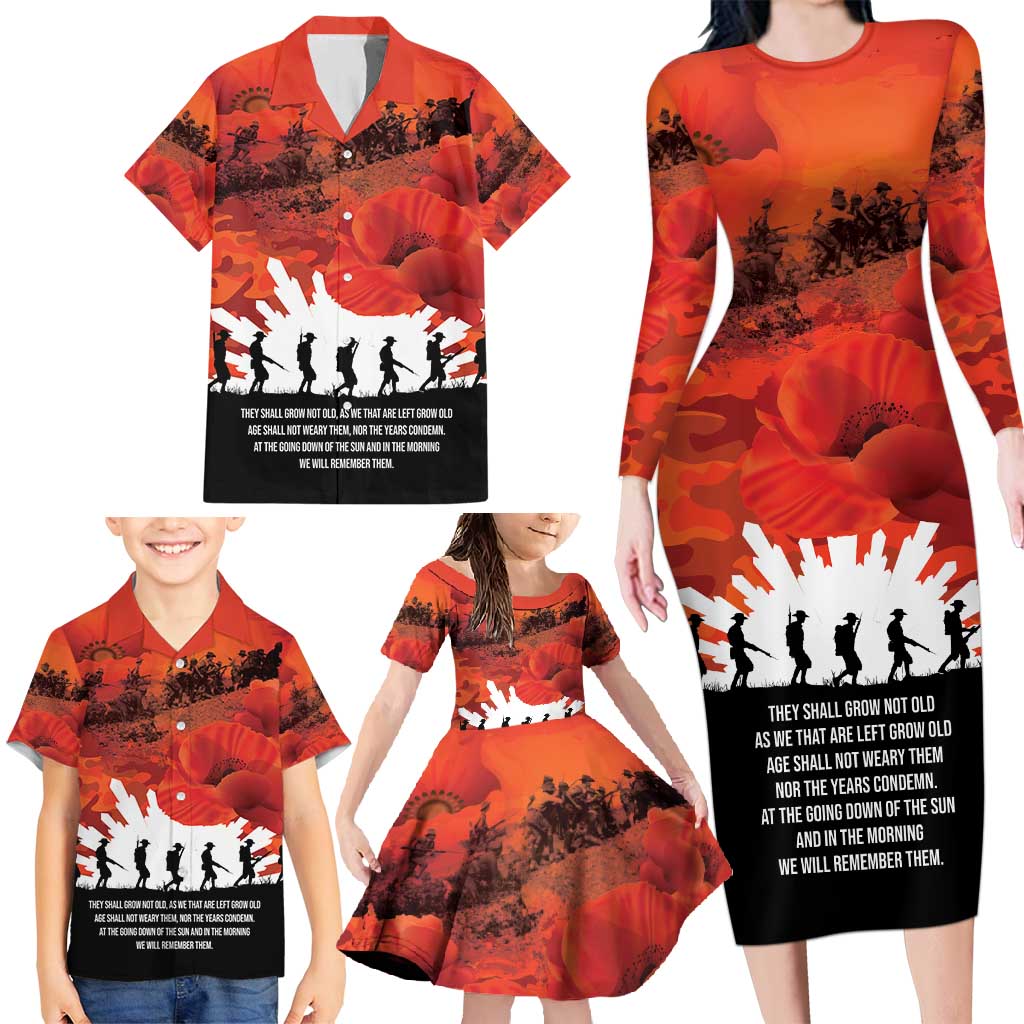 Anzac Day Gallipoli Personalised Family Matching Long Sleeve Bodycon Dress and Hawaiian Shirt Red Poppy Flowers