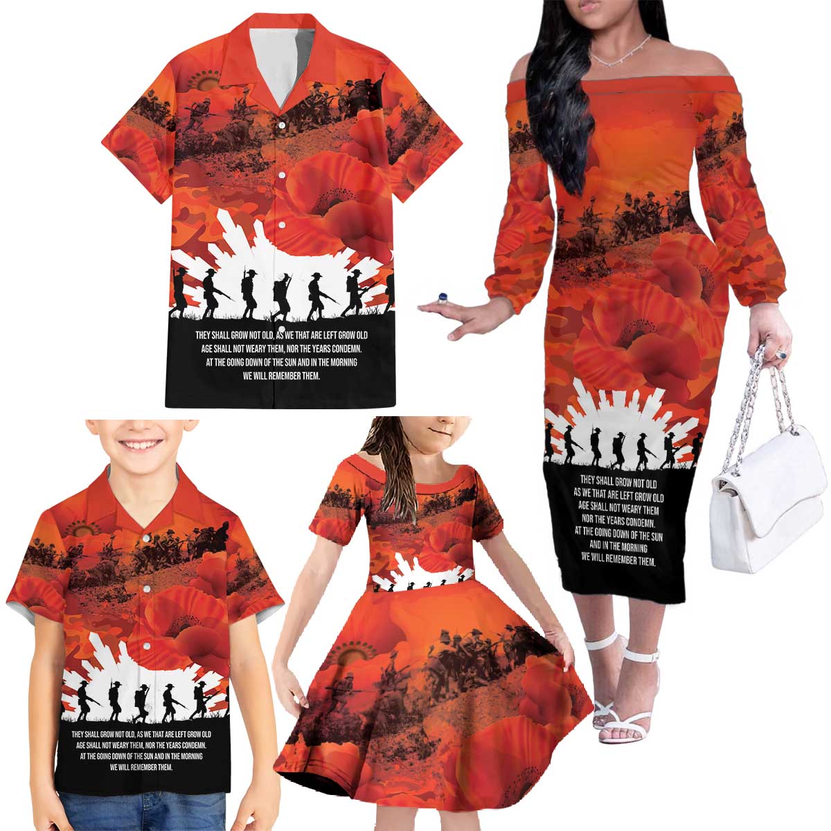 Anzac Day Gallipoli Personalised Family Matching Off The Shoulder Long Sleeve Dress and Hawaiian Shirt Red Poppy Flowers