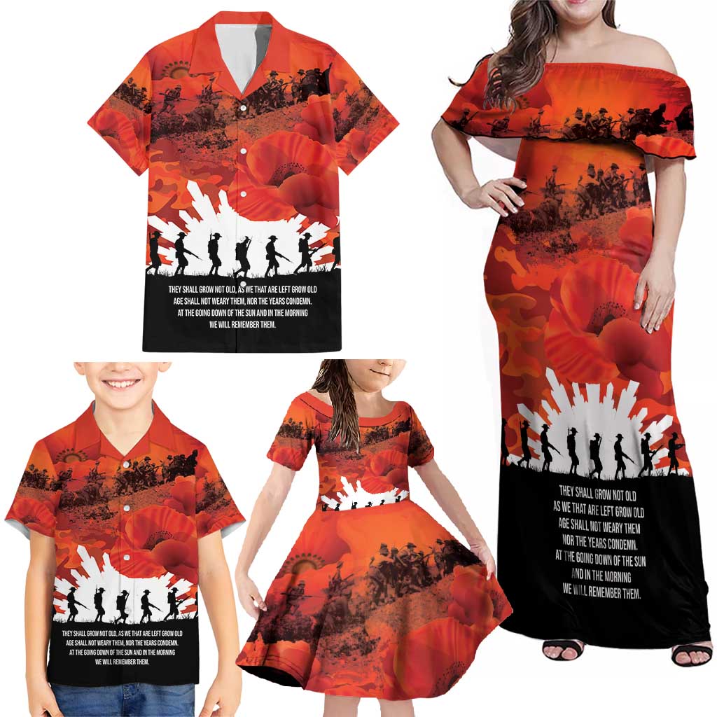 Anzac Day Gallipoli Personalised Family Matching Off Shoulder Maxi Dress and Hawaiian Shirt Red Poppy Flowers