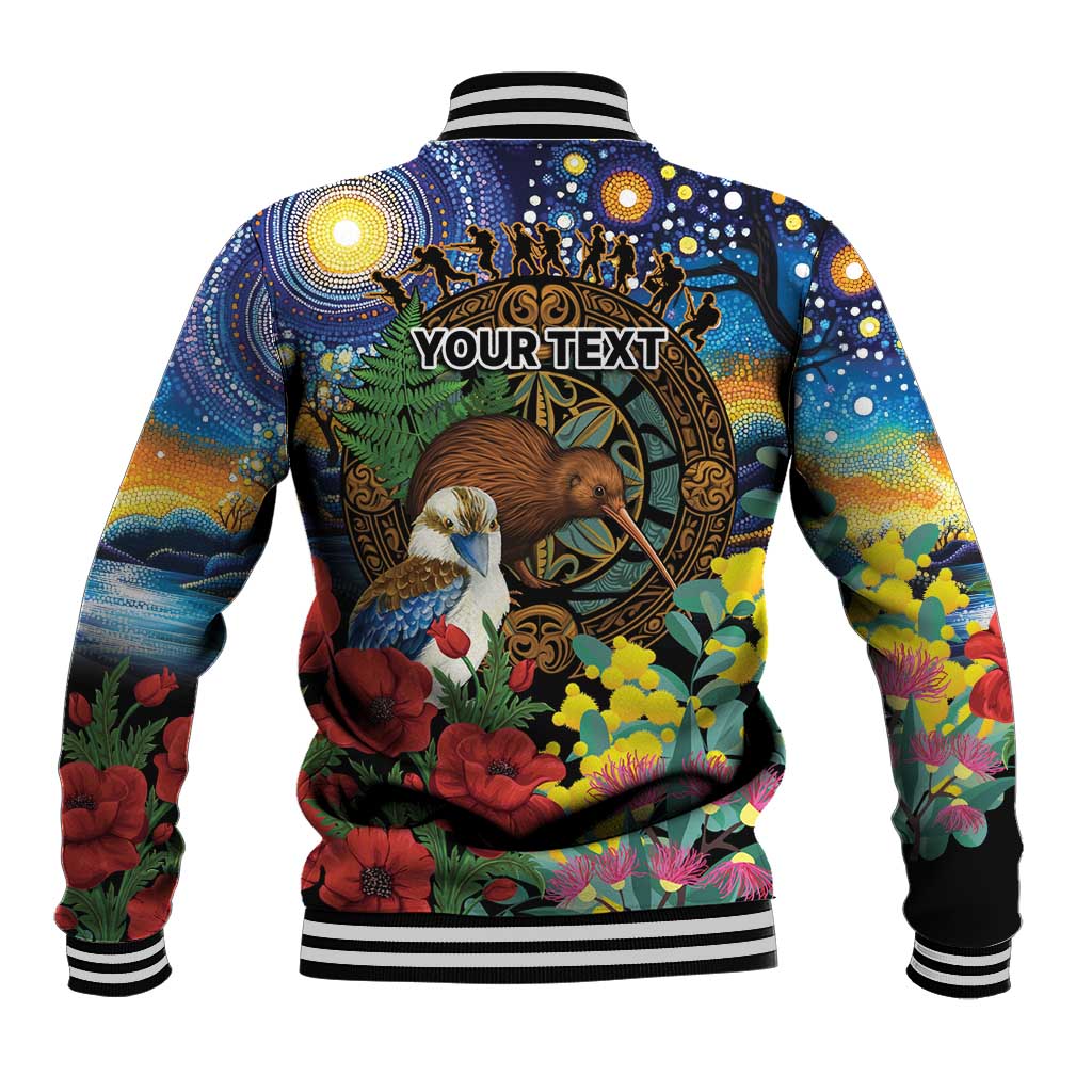 Kiwi-Kookaburra Bird ANZAC Personalised Baseball Jacket Aussie Golden Wattle Poppy Flowers