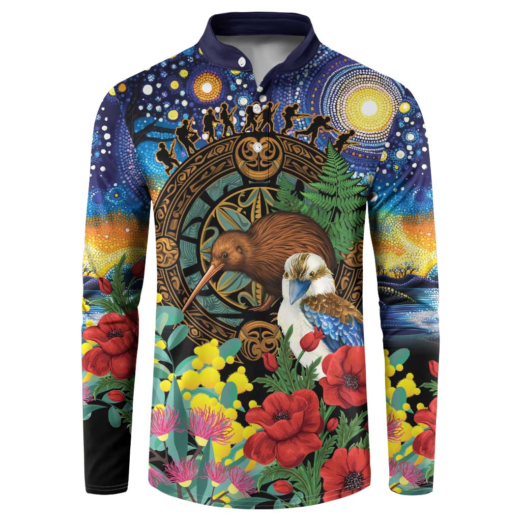 Kiwi-Kookaburra Bird ANZAC Personalised Button Sweatshirt Aussie Golden Wattle Poppy Flowers LT9 Blue - Polynesian Pride