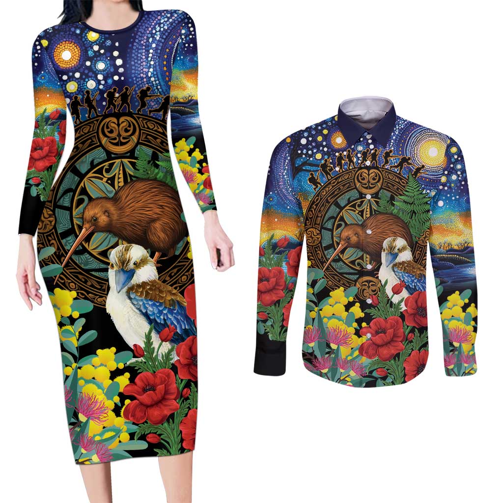 Kiwi-Kookaburra Bird ANZAC Personalised Couples Matching Long Sleeve Bodycon Dress and Long Sleeve Button Shirt Aussie Golden Wattle Poppy Flowers