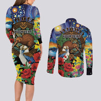 Kiwi-Kookaburra Bird ANZAC Personalised Couples Matching Long Sleeve Bodycon Dress and Long Sleeve Button Shirt Aussie Golden Wattle Poppy Flowers