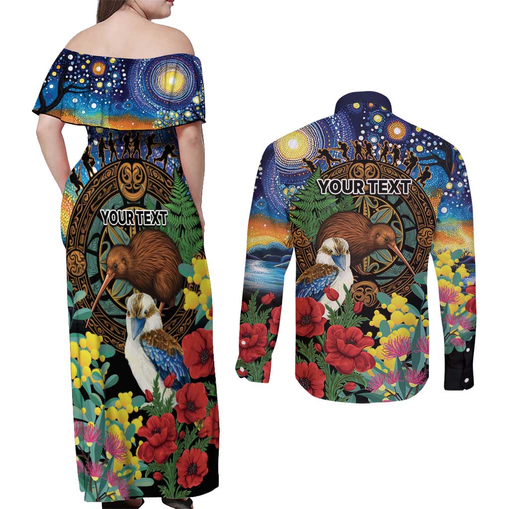 Kiwi-Kookaburra Bird ANZAC Personalised Couples Matching Off Shoulder Maxi Dress and Long Sleeve Button Shirt Aussie Golden Wattle Poppy Flowers