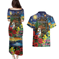 Kiwi-Kookaburra Bird ANZAC Personalised Couples Matching Puletasi and Hawaiian Shirt Aussie Golden Wattle Poppy Flowers