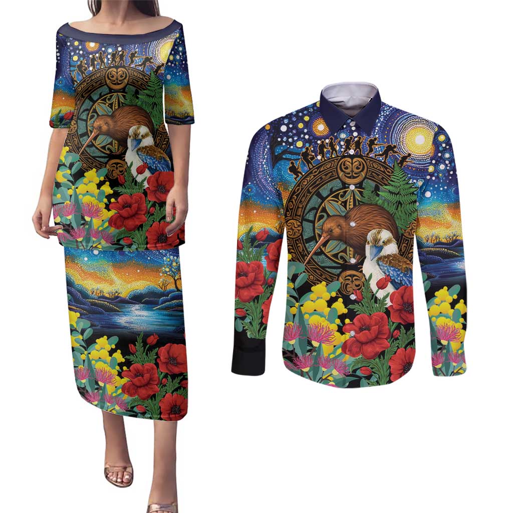 Kiwi-Kookaburra Bird ANZAC Personalised Couples Matching Puletasi and Long Sleeve Button Shirt Aussie Golden Wattle Poppy Flowers LT9 Blue - Polynesian Pride