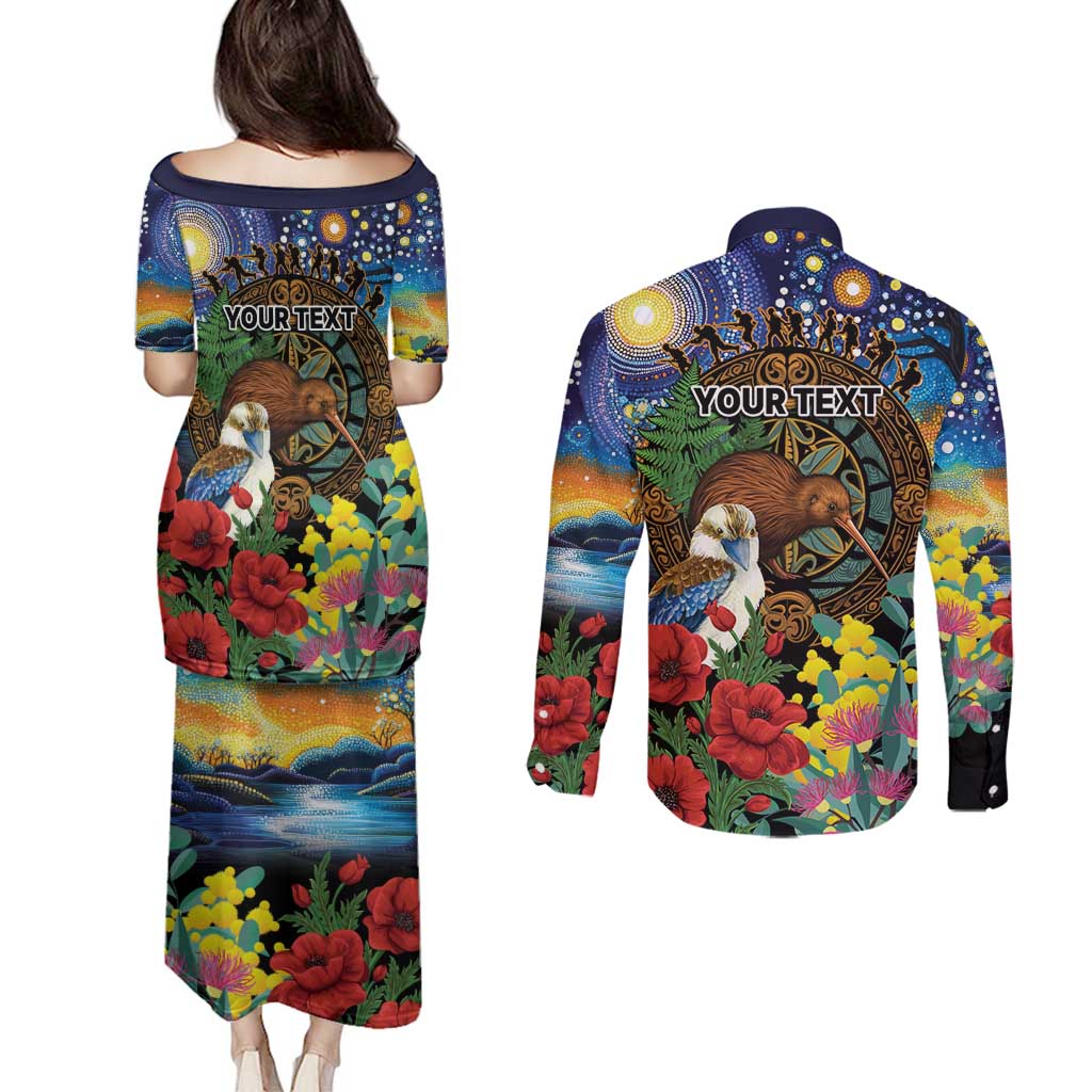 Kiwi-Kookaburra Bird ANZAC Personalised Couples Matching Puletasi and Long Sleeve Button Shirt Aussie Golden Wattle Poppy Flowers LT9 - Polynesian Pride