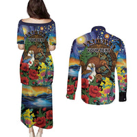 Kiwi-Kookaburra Bird ANZAC Personalised Couples Matching Puletasi and Long Sleeve Button Shirt Aussie Golden Wattle Poppy Flowers LT9 - Polynesian Pride