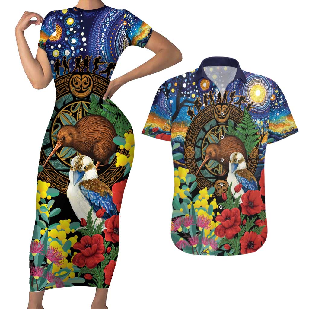 Kiwi-Kookaburra Bird ANZAC Personalised Couples Matching Short Sleeve Bodycon Dress and Hawaiian Shirt Aussie Golden Wattle Poppy Flowers