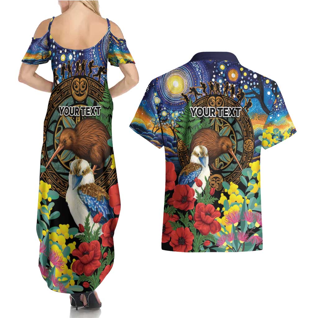 Kiwi-Kookaburra Bird ANZAC Personalised Couples Matching Summer Maxi Dress and Hawaiian Shirt Aussie Golden Wattle Poppy Flowers