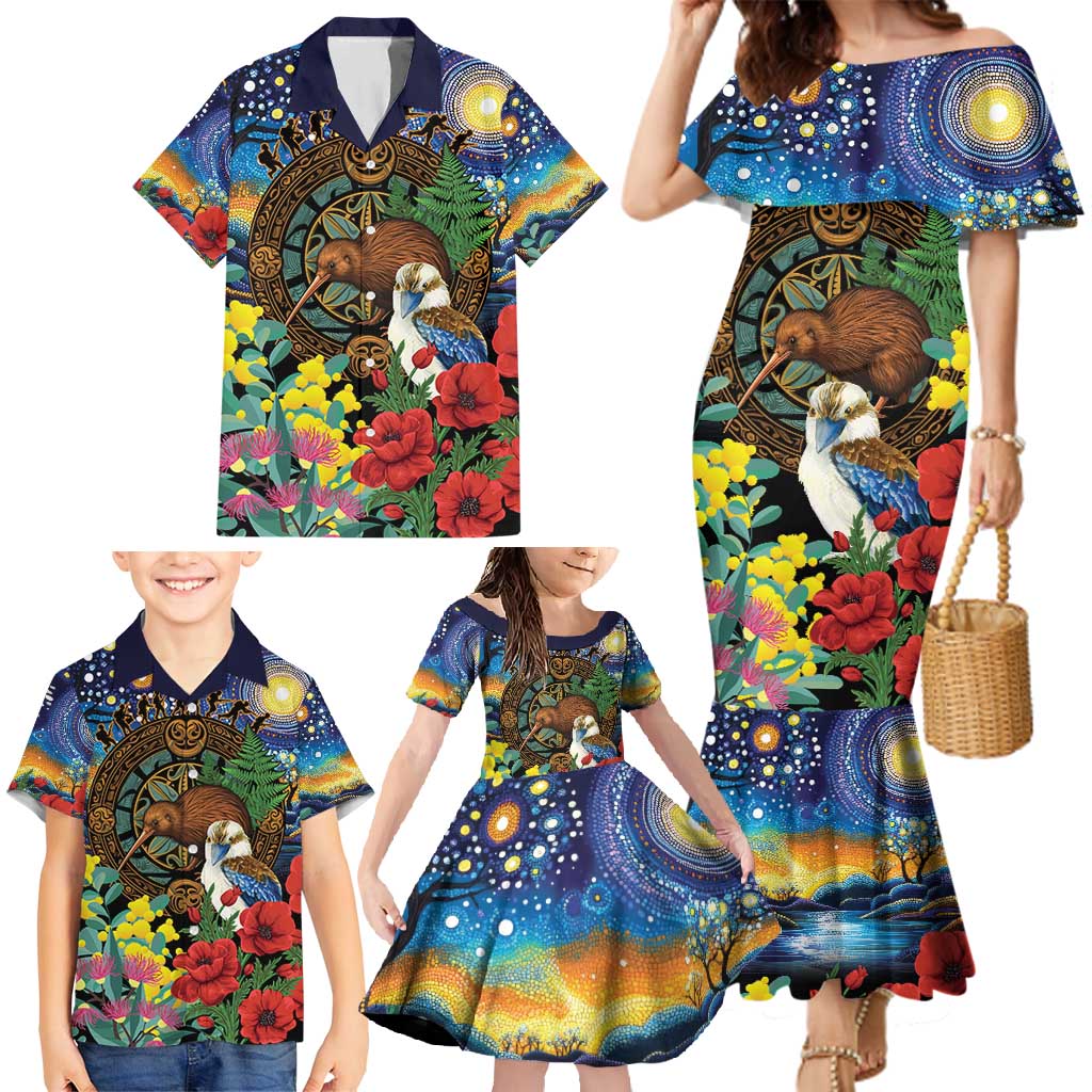 Kiwi-Kookaburra Bird ANZAC Personalised Family Matching Mermaid Dress and Hawaiian Shirt Aussie Golden Wattle Poppy Flowers
