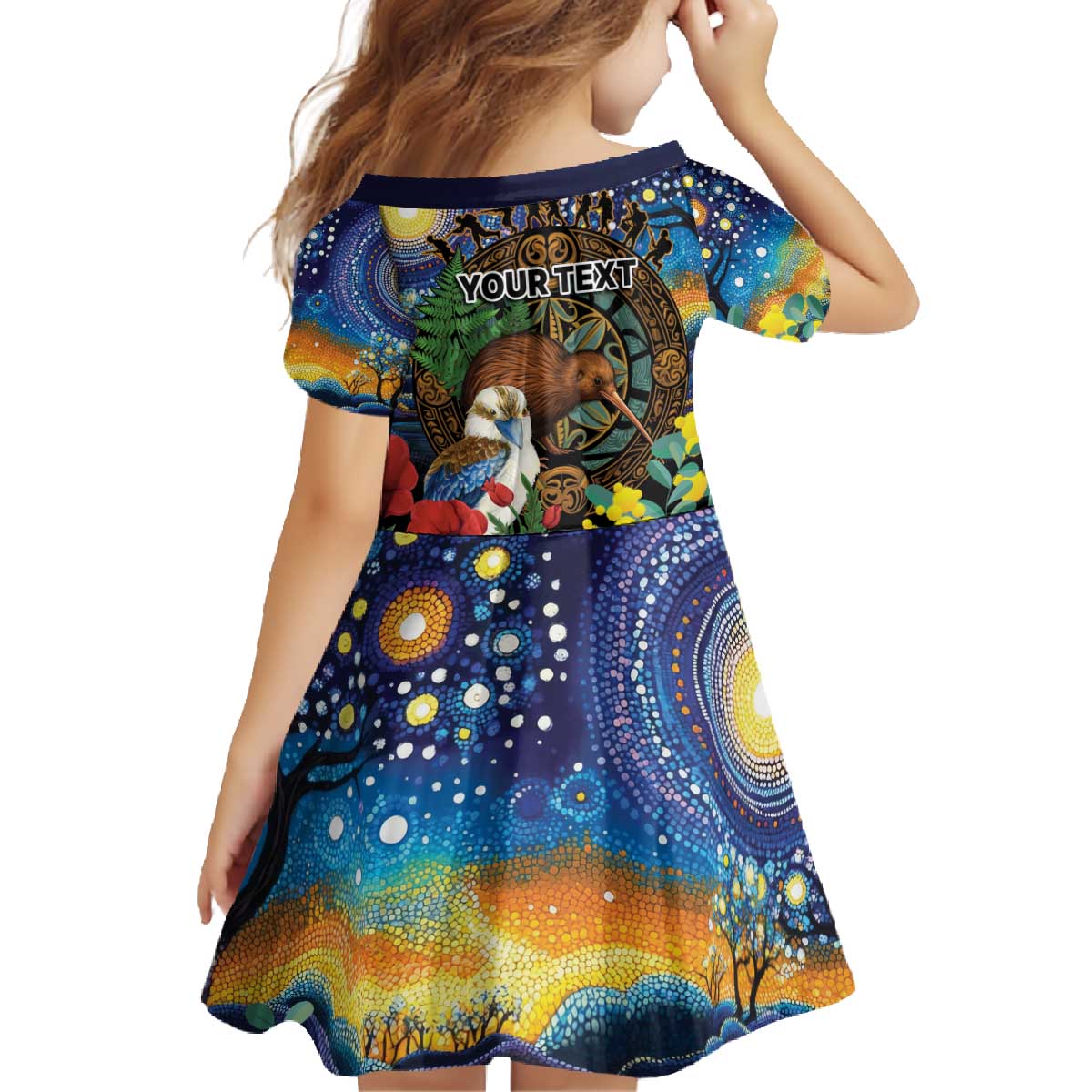 Kiwi-Kookaburra Bird ANZAC Personalised Family Matching Off The Shoulder Long Sleeve Dress and Hawaiian Shirt Aussie Golden Wattle Poppy Flowers