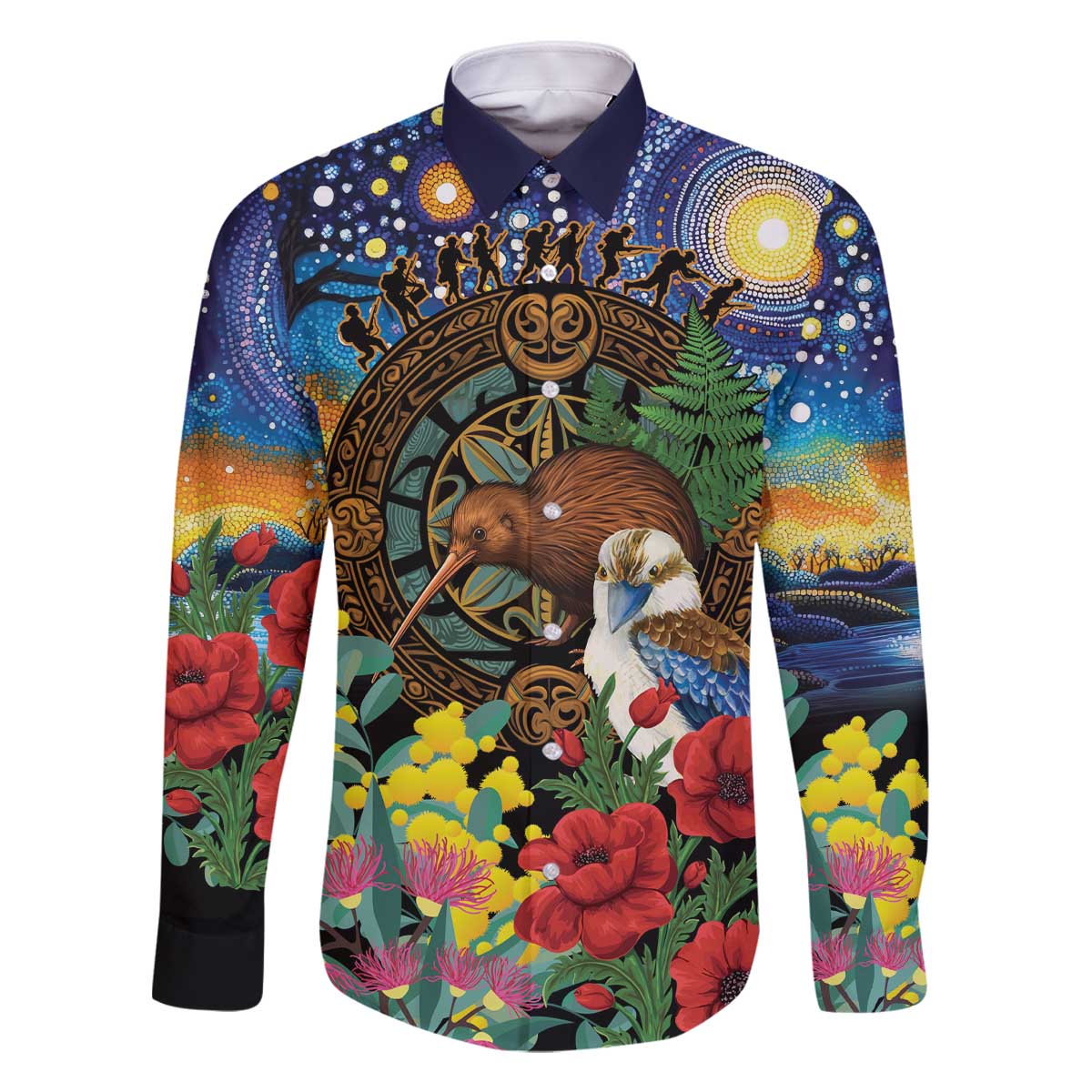 Kiwi-Kookaburra Bird ANZAC Personalised Family Matching Off The Shoulder Long Sleeve Dress and Hawaiian Shirt Aussie Golden Wattle Poppy Flowers