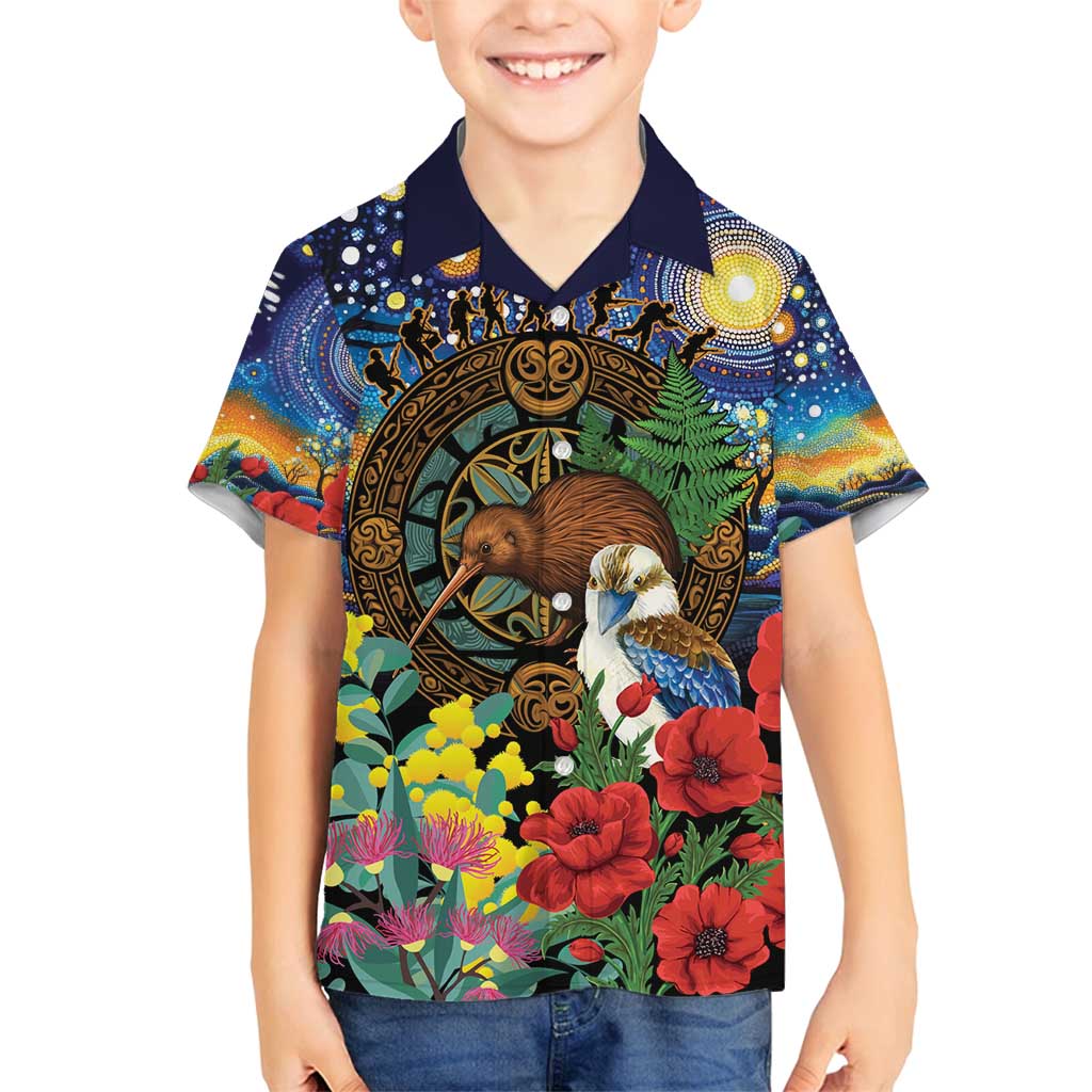 Kiwi-Kookaburra Bird ANZAC Personalised Family Matching Off Shoulder Short Dress and Hawaiian Shirt Aussie Golden Wattle Poppy Flowers