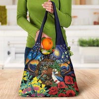 Kiwi-Kookaburra Bird ANZAC Personalised Grocery Bag Aussie Golden Wattle Poppy Flowers