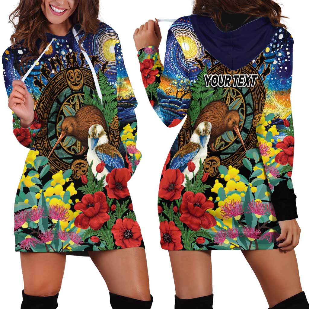 Kiwi-Kookaburra Bird ANZAC Personalised Hoodie Dress Aussie Golden Wattle Poppy Flowers