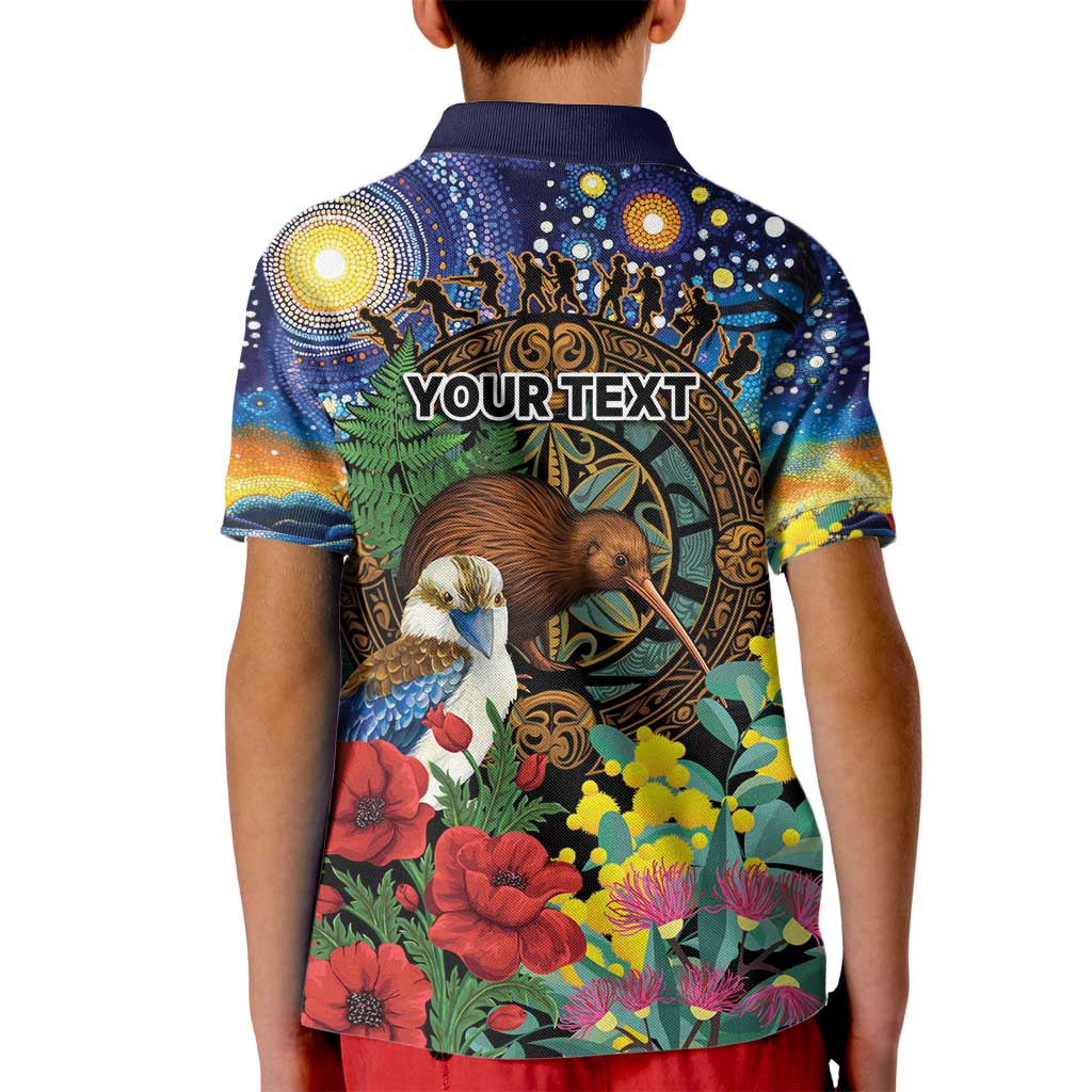 Kiwi-Kookaburra Bird ANZAC Personalised Kid Polo Shirt Aussie Golden Wattle Poppy Flowers