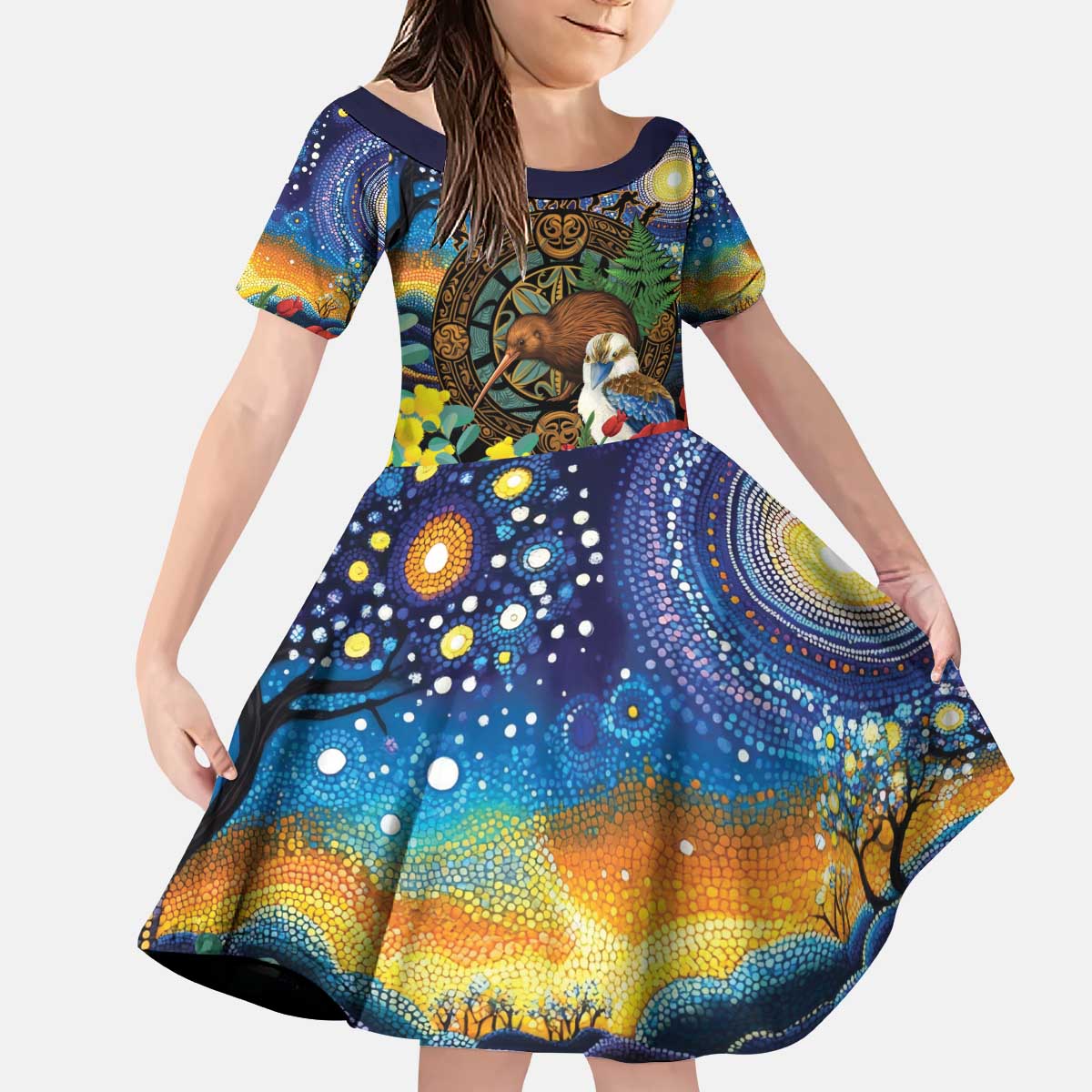 Kiwi-Kookaburra Bird ANZAC Personalised Kid Short Sleeve Dress Aussie Golden Wattle Poppy Flowers