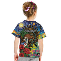 Kiwi-Kookaburra Bird ANZAC Personalised Kid T Shirt Aussie Golden Wattle Poppy Flowers