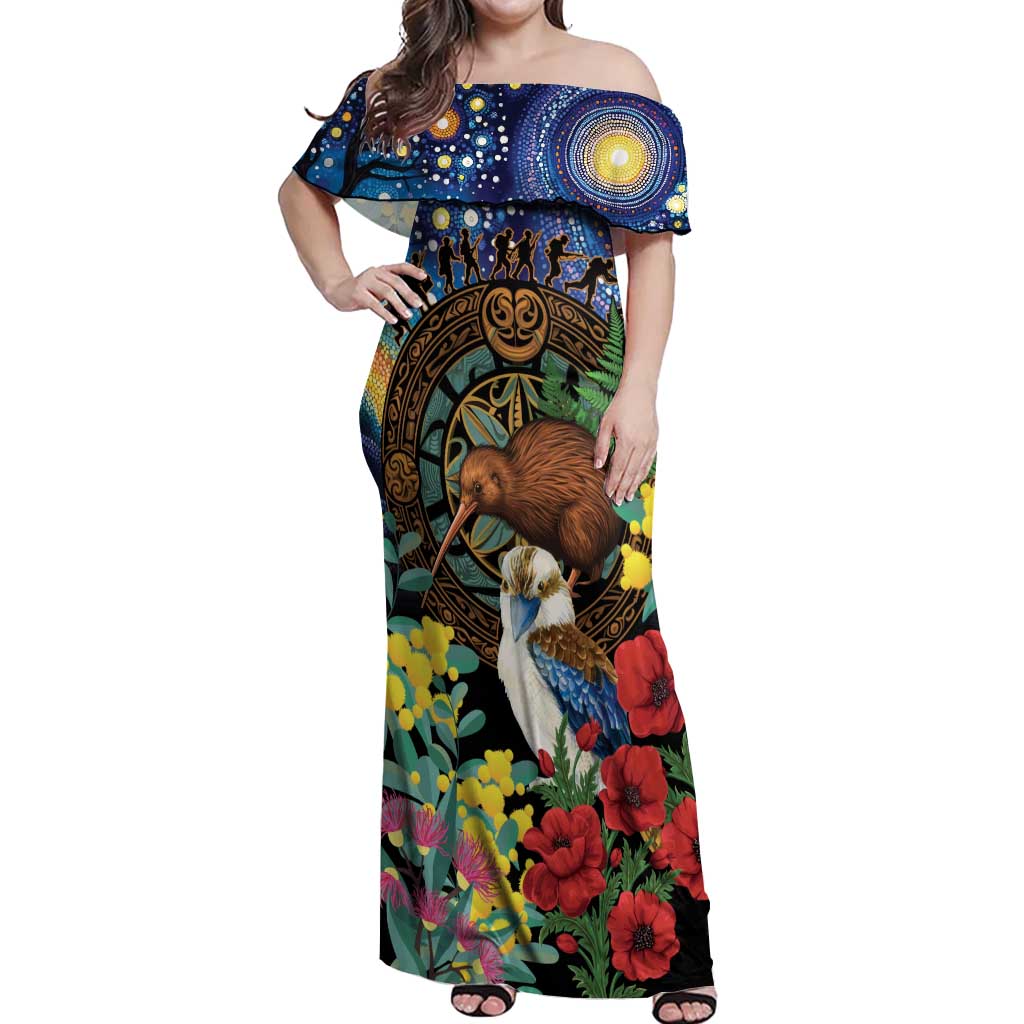 Kiwi-Kookaburra Bird ANZAC Personalised Off Shoulder Maxi Dress Aussie Golden Wattle Poppy Flowers