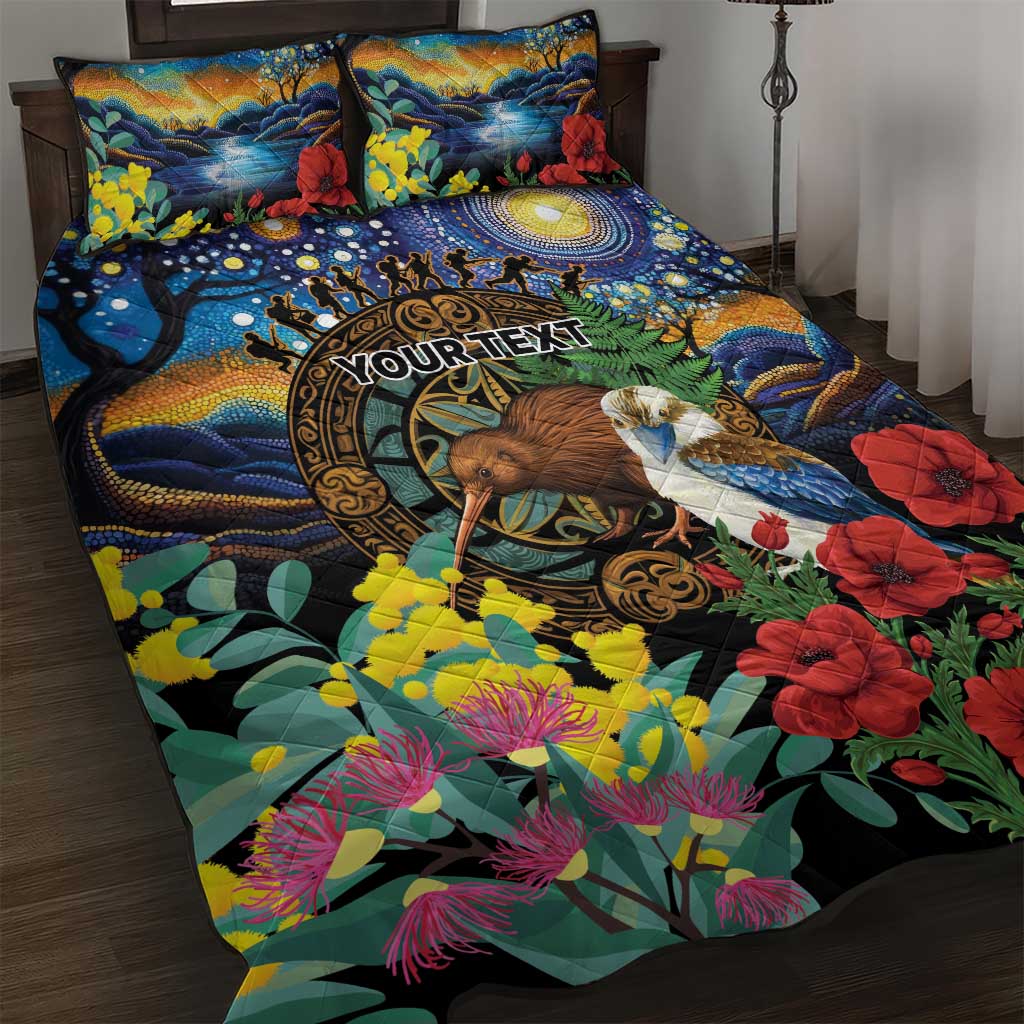 Kiwi-Kookaburra Bird ANZAC Personalised Quilt Bed Set Aussie Golden Wattle Poppy Flowers