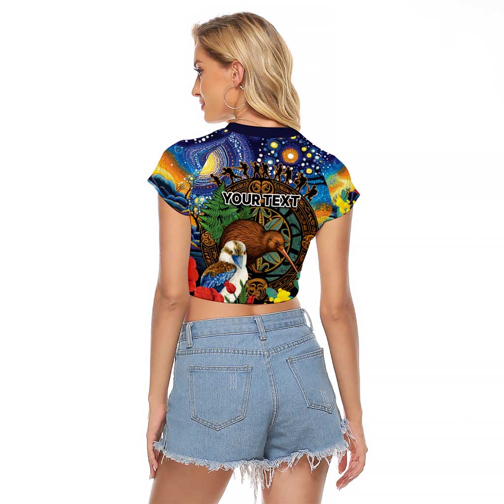 Kiwi-Kookaburra Bird ANZAC Personalised Raglan Cropped T Shirt Aussie Golden Wattle Poppy Flowers