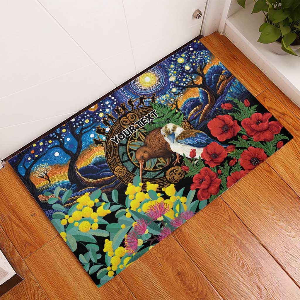 Kiwi-Kookaburra Bird ANZAC Personalised Rubber Doormat Aussie Golden Wattle Poppy Flowers