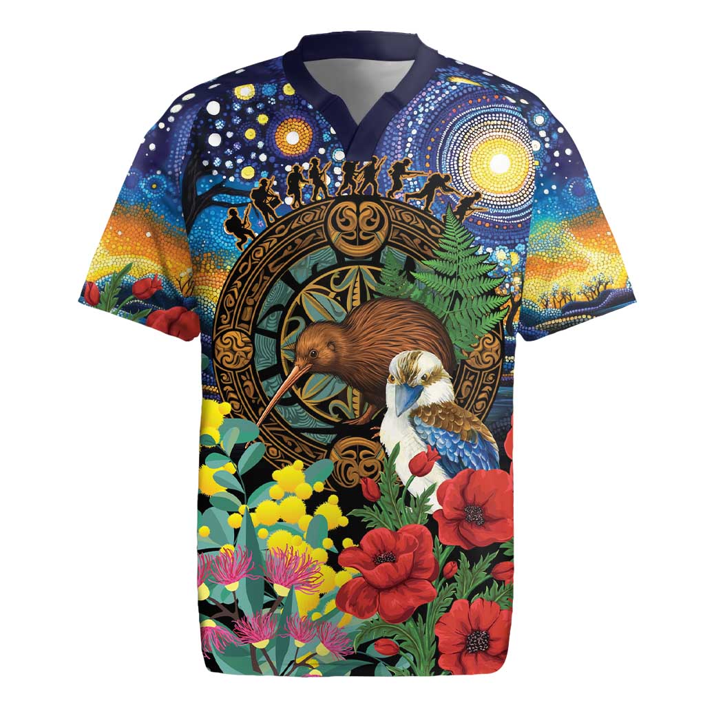 Kiwi-Kookaburra Bird ANZAC Personalised Rugby Jersey Aussie Golden Wattle Poppy Flowers LT9 Blue - Polynesian Pride
