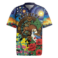 Kiwi-Kookaburra Bird ANZAC Personalised Rugby Jersey Aussie Golden Wattle Poppy Flowers LT9 Blue - Polynesian Pride