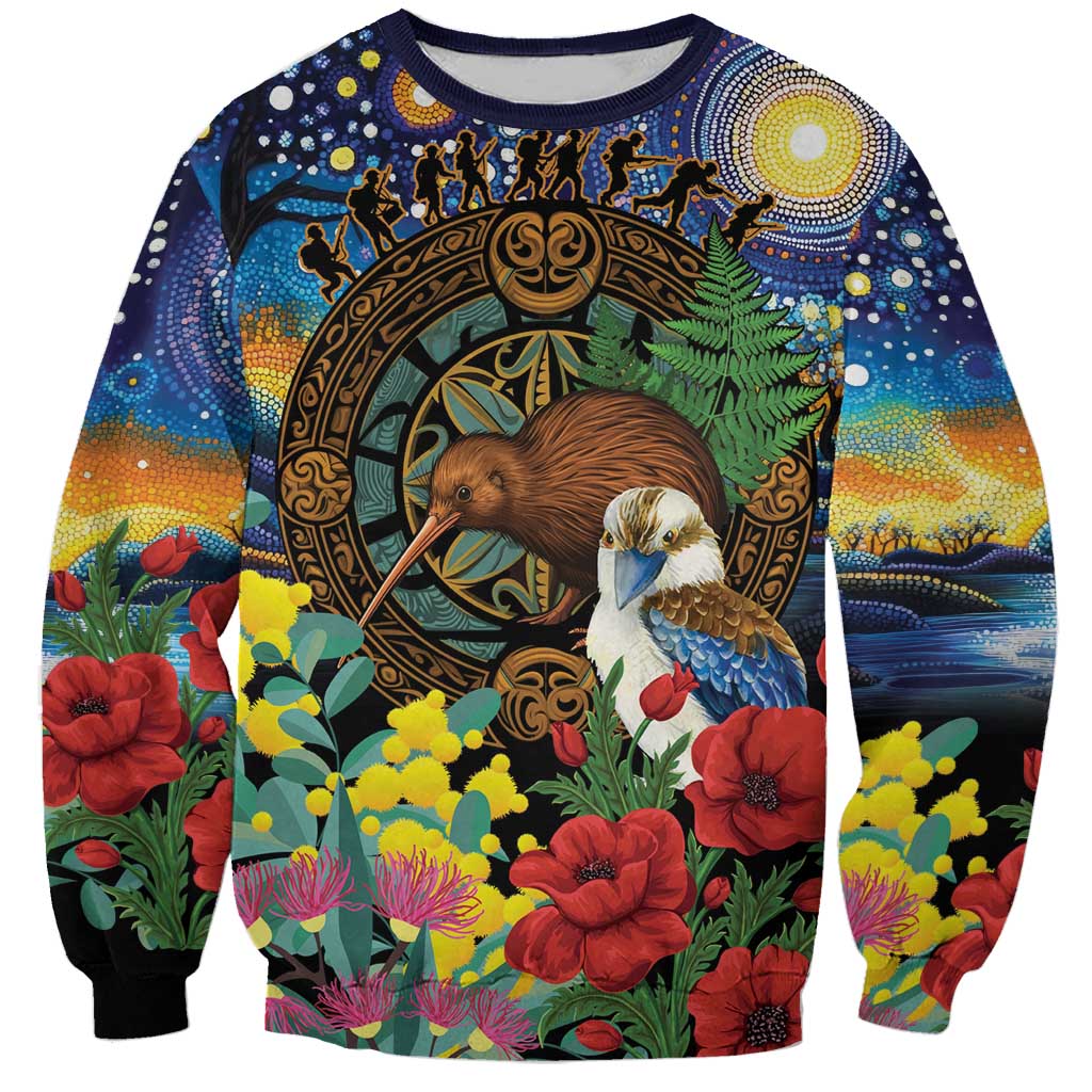 Kiwi-Kookaburra Bird ANZAC Personalised Sweatshirt Aussie Golden Wattle Poppy Flowers