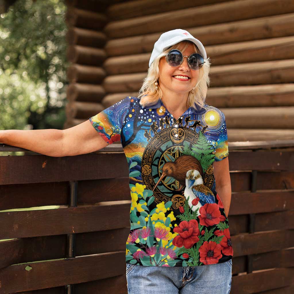 Kiwi-Kookaburra Bird ANZAC Personalised Women Polo Shirt Aussie Golden Wattle Poppy Flowers