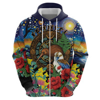 Kiwi-Kookaburra Bird ANZAC Personalised Zip Hoodie Aussie Golden Wattle Poppy Flowers