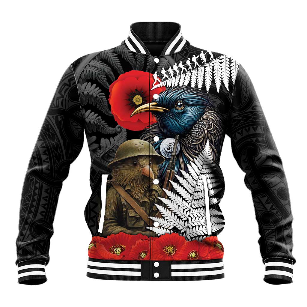 Kiwi-Tui Bird Soldier ANZAC Day Personalised Baseball Jacket Maori Silver Fern Motif