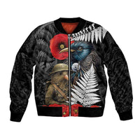 Kiwi-Tui Bird Soldier ANZAC Day Personalised Bomber Jacket Maori Silver Fern Motif LT9 Unisex Black - Polynesian Pride