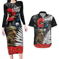 Kiwi-Tui Bird Soldier ANZAC Day Personalised Couples Matching Long Sleeve Bodycon Dress and Hawaiian Shirt Maori Silver Fern Motif