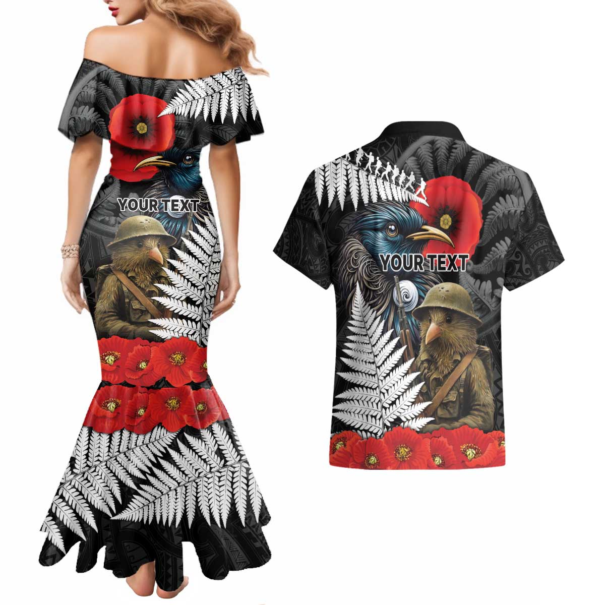 Kiwi-Tui Bird Soldier ANZAC Day Personalised Couples Matching Mermaid Dress and Hawaiian Shirt Maori Silver Fern Motif