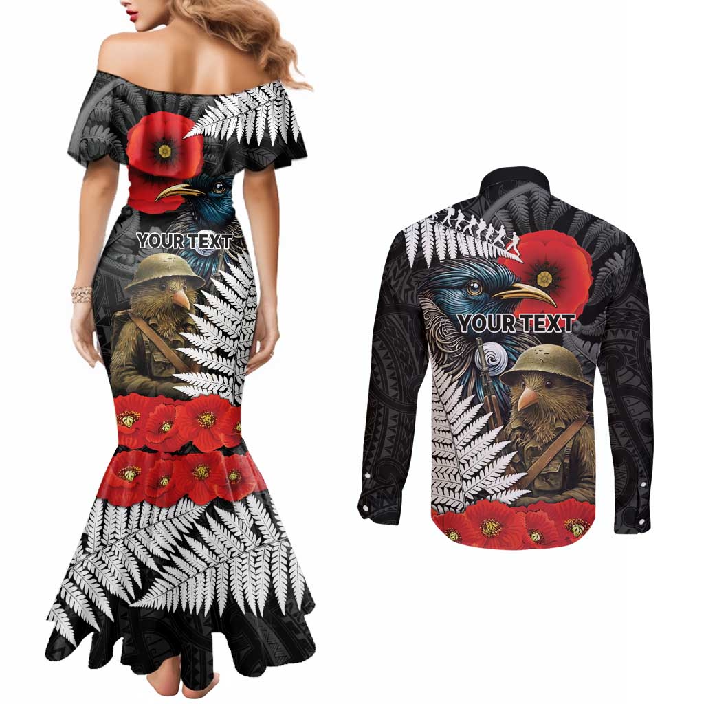 Kiwi-Tui Bird Soldier ANZAC Day Personalised Couples Matching Mermaid Dress and Long Sleeve Button Shirt Maori Silver Fern Motif