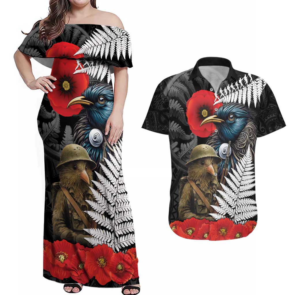 Kiwi-Tui Bird Soldier ANZAC Day Personalised Couples Matching Off Shoulder Maxi Dress and Hawaiian Shirt Maori Silver Fern Motif