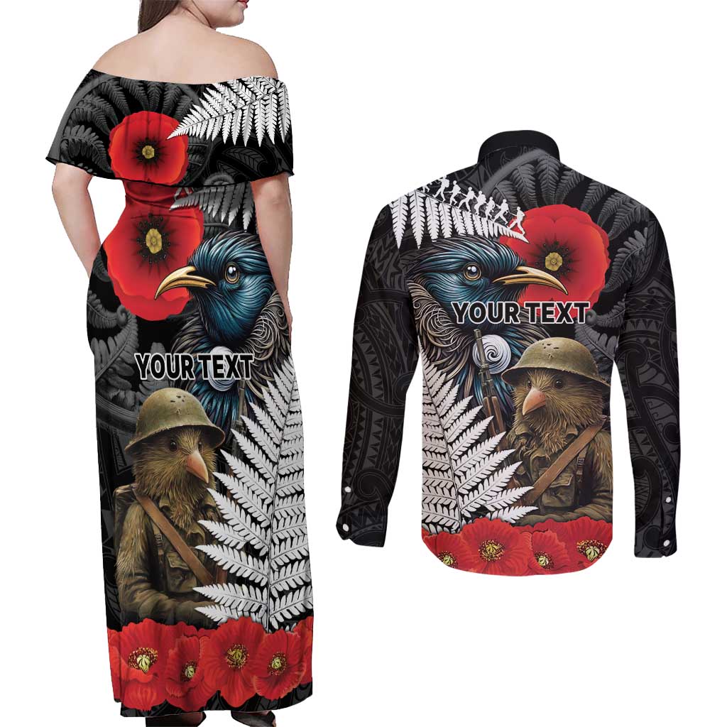 Kiwi-Tui Bird Soldier ANZAC Day Personalised Couples Matching Off Shoulder Maxi Dress and Long Sleeve Button Shirt Maori Silver Fern Motif