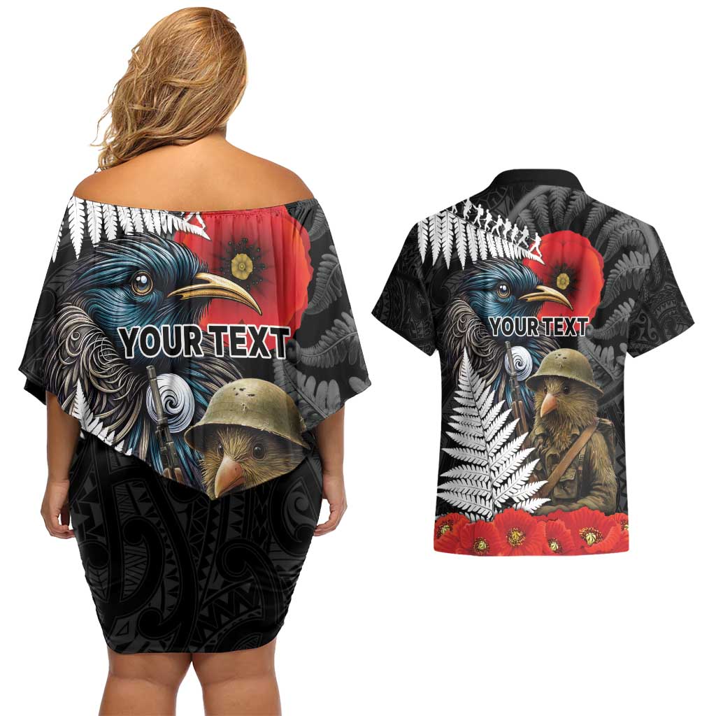 Kiwi-Tui Bird Soldier ANZAC Day Personalised Couples Matching Off Shoulder Short Dress and Hawaiian Shirt Maori Silver Fern Motif