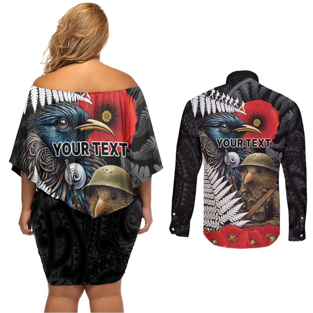 Kiwi-Tui Bird Soldier ANZAC Day Personalised Couples Matching Off Shoulder Short Dress and Long Sleeve Button Shirt Maori Silver Fern Motif