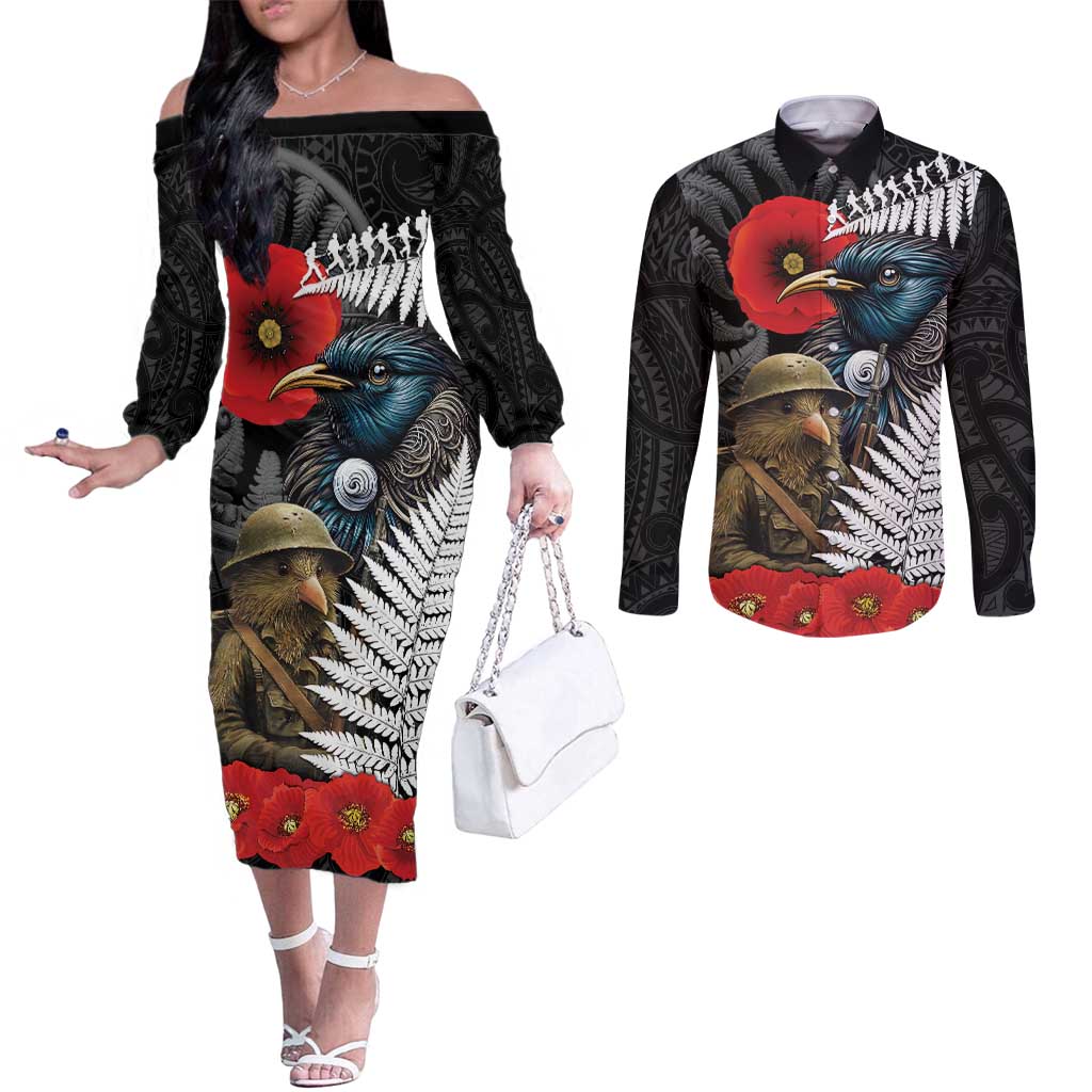 Kiwi-Tui Bird Soldier ANZAC Day Personalised Couples Matching Off The Shoulder Long Sleeve Dress and Long Sleeve Button Shirt Maori Silver Fern Motif