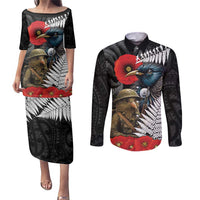 Kiwi-Tui Bird Soldier ANZAC Day Personalised Couples Matching Puletasi and Long Sleeve Button Shirt Maori Silver Fern Motif
