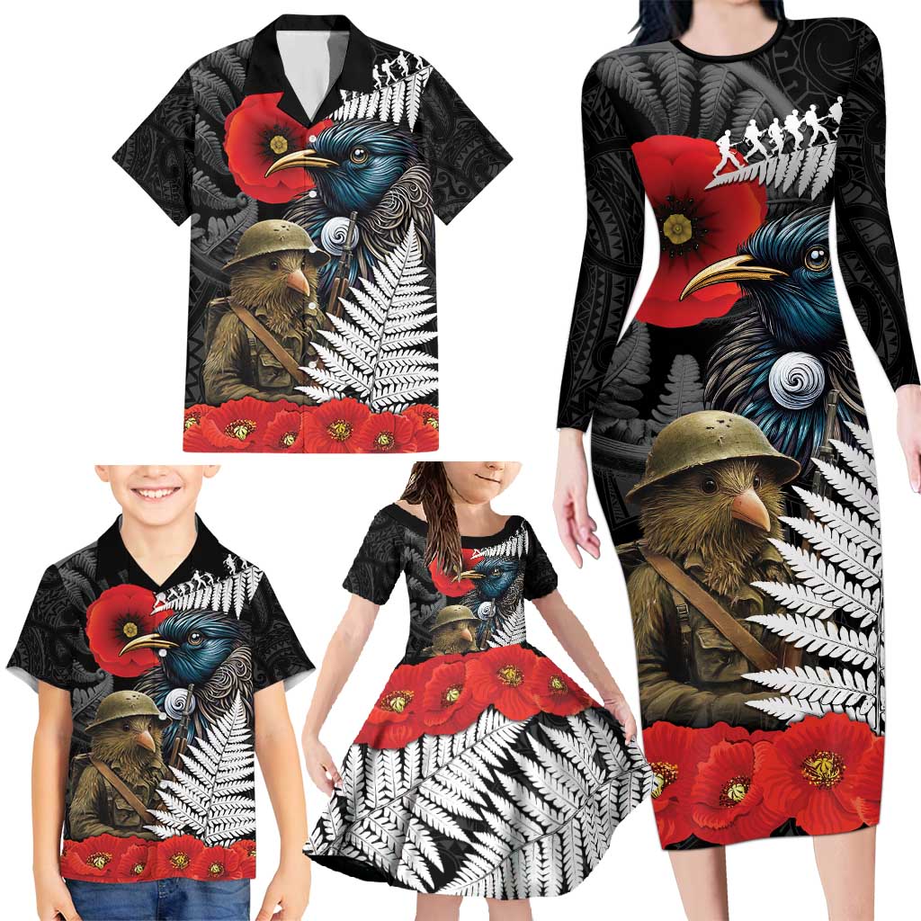 Kiwi-Tui Bird Soldier ANZAC Day Personalised Family Matching Long Sleeve Bodycon Dress and Hawaiian Shirt Maori Silver Fern Motif