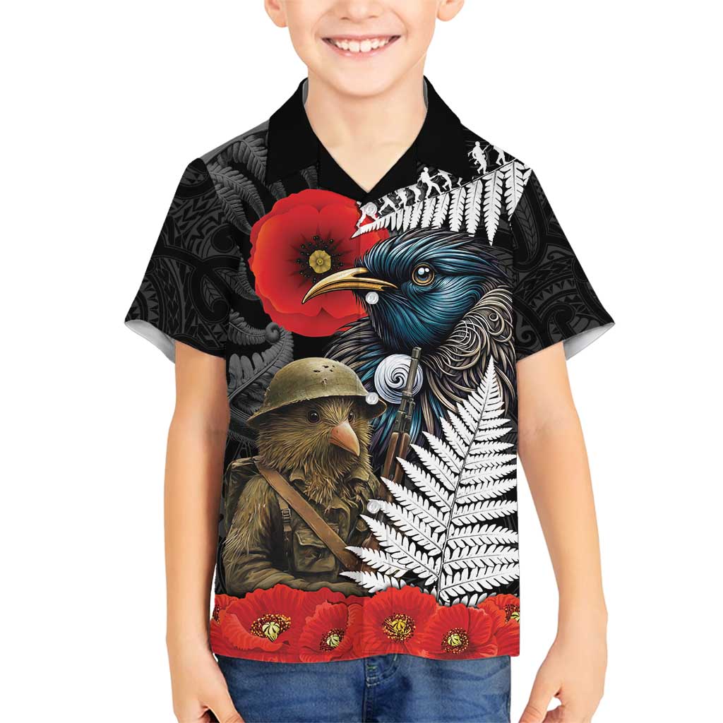 Kiwi-Tui Bird Soldier ANZAC Day Personalised Family Matching Long Sleeve Bodycon Dress and Hawaiian Shirt Maori Silver Fern Motif